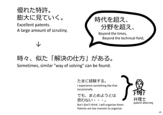 優れた特許。
膨大に⾒ていく。
Excellent patents.
A large amount of scrutiny.
↓
時々、似た「解決の仕方」がある。
Sometimes, similar "way of solving" can be found.
時代を超え、
分野を超え、
Beyond the times,
Beyond the technical field,
たまに経験する。
I experience something like that
occasionally.
でも、まとめようとは
思わない・・・。
But I don’t think I will organize them.
Patents are too massive to organize.
patent attorney
45
 