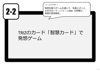 TRIZのカード「智慧カード」で
発想ゲーム
（ゲームをする目的〜）
発想を競うゲームを通じて、気楽にざっと、
大半のカード（＝パターンの概要）の把握と、
発想の原体験を。2-2
56
 