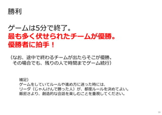勝利
━━━━━━━━━━━━━━━━━━━━━
ゲームは5分で終了。
最も多く伏せられたチームが優勝。
優勝者に拍⼿︕
（なお、途中で終わるチームが出たらそこが優勝。
その場合でも、残りの⼈で時間までゲーム続⾏）
補⾜）
ゲームをしていてルールや進め方に迷った時には、
リーダ（じゃんけんで勝った⼈）が、都度ルールを決めてよい。
厳密さより、創造的な会話を楽しむことを重視してください。
59
 
