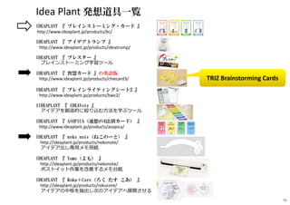 Idea Plant 発想道具一覧
IDEAPLANT 『 ブレインストーミング・カード 』
http://www.ideaplant.jp/products/bc/
IDEAPLANT 『 アイデアトランプ 』
http://www.ideaplant.jp/products/ideatrump/
IDEAPLANT 『 ブレスター 』
ブレインストーミング学習ツール
IDEAPLANT 『 智慧カード 』の英語版
http://www.ideaplant.jp/products/chiecard3/
IDEAPLANT 『 ブレインライティングシート2 』
http://www.ideaplant.jp/products/bws2/
IIDEAPLANT 『 IDEAVote 』
アイデアを創造的に絞り込む方法を学ぶツール
IDEAPLANT 『 ASOPICA（連想の4法則カード） 』
http://www.ideaplant.jp/products/asopica/
IDEAPLANT 『 neko note（ねこのーと） 』
http://ideaplant.jp/products/nekonote/
アイデア出し専⽤メモ⽤紙
IDEAPLANT 『 Yomo（よも） 』
http://ideaplant.jp/products/nekonote/
ポストイット作業を改善するメモ台紙
IDEAPLANT 『 Roku＋Core（ろく たす こあ） 』
http://ideaplant.jp/products/rokucore/
アイデアの中核を抽出し次のアイデアへ展開させる
TRIZ Brainstorming Cards
96
 