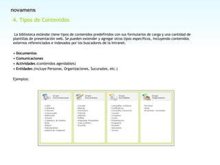 4. Tipos de Contenidos La biblioteca estándar tiene tipos de contenidos predefinidos con sus formularios de carga y una cantidad de plantillas de presentación web. Se pueden extender y agregar otros tipos específicos, incluyendo contenidos externos referenciados e indexados por los buscadores de la Intranet. Documentos  Comunicaciones Actividades  (contenidos agendables) Entidades  (incluye Personas, Organizaciones, Sucursales, etc.) Ejemplos: 
