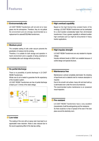 Features Cast Resin Transformers 
Ｉ5 
Environmentally safe 
LS CAST RESIN Transformers will not emit oil or toxic 
gases into the atmosphere. Therefore, they do not pollute 
the environment and are strongly recommended as a 
replacement for askarel(PCB)-filled transformers. 
Moisture proof 
No partial discharge 
High 
frequency 
generator 
Filter 
P.T 
Coupling Capacitors 
Chopping switch Input transformer Detertors 
V 
High overload capability 
Based on the high thermal time constant factor of the 
windings, LS CAST RESIN Transformers can be overloaded 
for a short duration considerably higher than oil-immersed 
transformers. It has a greater capability to withstand sudden 
high overloads such as might be encountered in heavy 
traction applications. 
High impulse strength 
LS CAST RESIN Transformers are very resistant to impulse 
voltage. 
Impulse withstand levels to 200kV are available because of 
careful design and special structure. 
Maintenance free 
Maintenance is almost completely eleminated. No checking 
of liquid level and no dielectric test for moisture absorption is 
required. 
Due to the smooth coil surface, heavy dirt and dust build up 
is eleminated even under the worst circumstances. 
The recommended routine maintenance is an occasional 
visual inspection. 
Fire resistant 
LS CAST RESIN Transformers have a very excellent 
characteristic of self fire-extinguishing and fire resistance. 
So there would be no fear of spread of fire even if fire took 
place around the electricity room. 
The complete casting of coils under vacuum prevents the 
penetration of moisture into the winding. 
Therefore, it is suitable for both storage and operation in 
harsh environment and is capable of being switched on 
immediately after such storage without pre-drying. 
There is no possibility of partial discharge in LS CAST 
RESIN Transformers. 
Whole core & coil is tested to guarantee the life expectancy 
of the insulation system. 
LS CAST RESIN Transformers are free of partial discharge 
at least up to 1.3 times of the rated voltage. 
Low noise 
The coating of the core with an epoxy resin have lead to an 
appreciable noise reduction. Noise is also reduced due to 
the sound suppresing effect of the step lap cutting. 
 