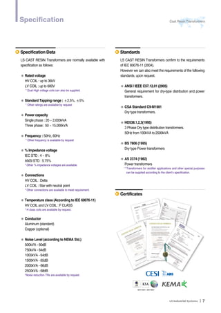 Specification Cast Resin Transformers 
Ｉ7 
Specification Data 
LS CAST RESIN Transformers are normally available with 
specification as follows: 
● Rated voltage 
HV COIL : up to 36kV 
LV COIL : up to 600V 
* Dual High voltage coils can also be supplied. 
● Standard Tapping range : ±2.5%, ±5% 
* Other ratings are available by request 
● Power capacity 
Single phase : 20 ~ 2,000kVA 
Three phase : 50 ~ 15,000kVA 
● Frequency : 50Hz, 60Hz 
* Other frequency is available by request 
● % Impedance voltage 
IEC STD : 4 ~ 8% 
ANSI STD : 5.75% 
* Other % impedance voltages are available. 
● Connections 
HV COIL : Delta 
LV COIL : Star with neutral point 
* Other connections are available to meet requirement. 
● Temperature class (According to IEC 60076-11) 
HV COIL and LV COIL : F CLASS 
* H class coils are available by request. 
● Conductor 
Aluminum (standard) 
Copper (optional) 
● Noise Level (according to NEMA Std.) 
500kVA - 60dB 
750kVA - 64dB 
1000kVA - 64dB 
1500kVA - 65dB 
2000kVA - 66dB 
2500kVA - 68dB 
*Noise reduction TRs are available by request. 
Standards 
LS CAST RESIN Transformers confirm to the requirements 
of IEC 60076-11 (2004). 
However we can also meet the requirements of the following 
standards, upon request. 
● ANSI / IEEE C57.12.01 (2005) 
General requirement for dry-type distribution and power 
transformers. 
● CSA Standard C9-M1981 
Dry type transformers. 
● HD538.1,2,3(1995) 
3 Phase Dry type distribution transformers. 
50Hz from 100kVA to 2500kVA 
● BS 7806 (1995) 
Dry type Power transformers 
● AS 2374 (1982) 
Power transformers 
* Transformers for rectifier applications and other special purposes 
can be supplied according to the client’s specification. 
Certificates 
 