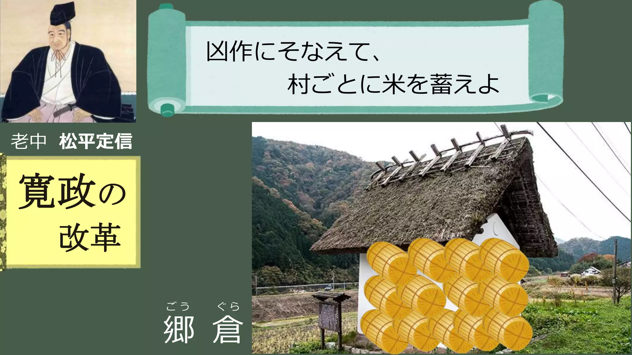 稲葉 通太 Michio Inaba
老中 松平定信
寛政の
改革
凶作にそなえて、
村ごとに米を蓄えよ
ご う ぐ ら
郷 倉
 