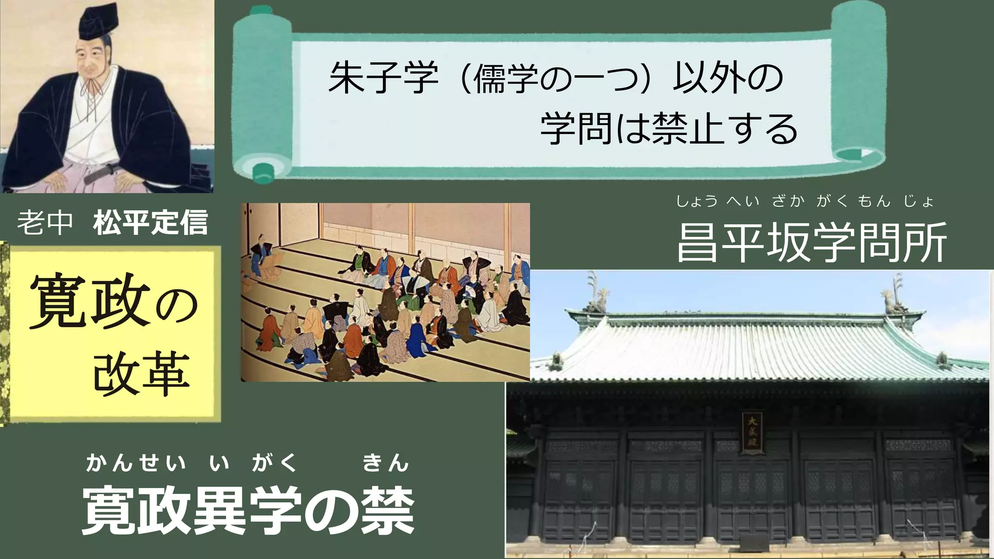 稲葉 通太 Michio Inaba
老中 松平定信
寛政の
改革
朱子学（儒学の一つ）以外の
学問は禁止する
しょう へ い ざ か が く も ん じ ょ
昌平坂学問所
か ん せ い い が く き ん
寛政異学の禁
 