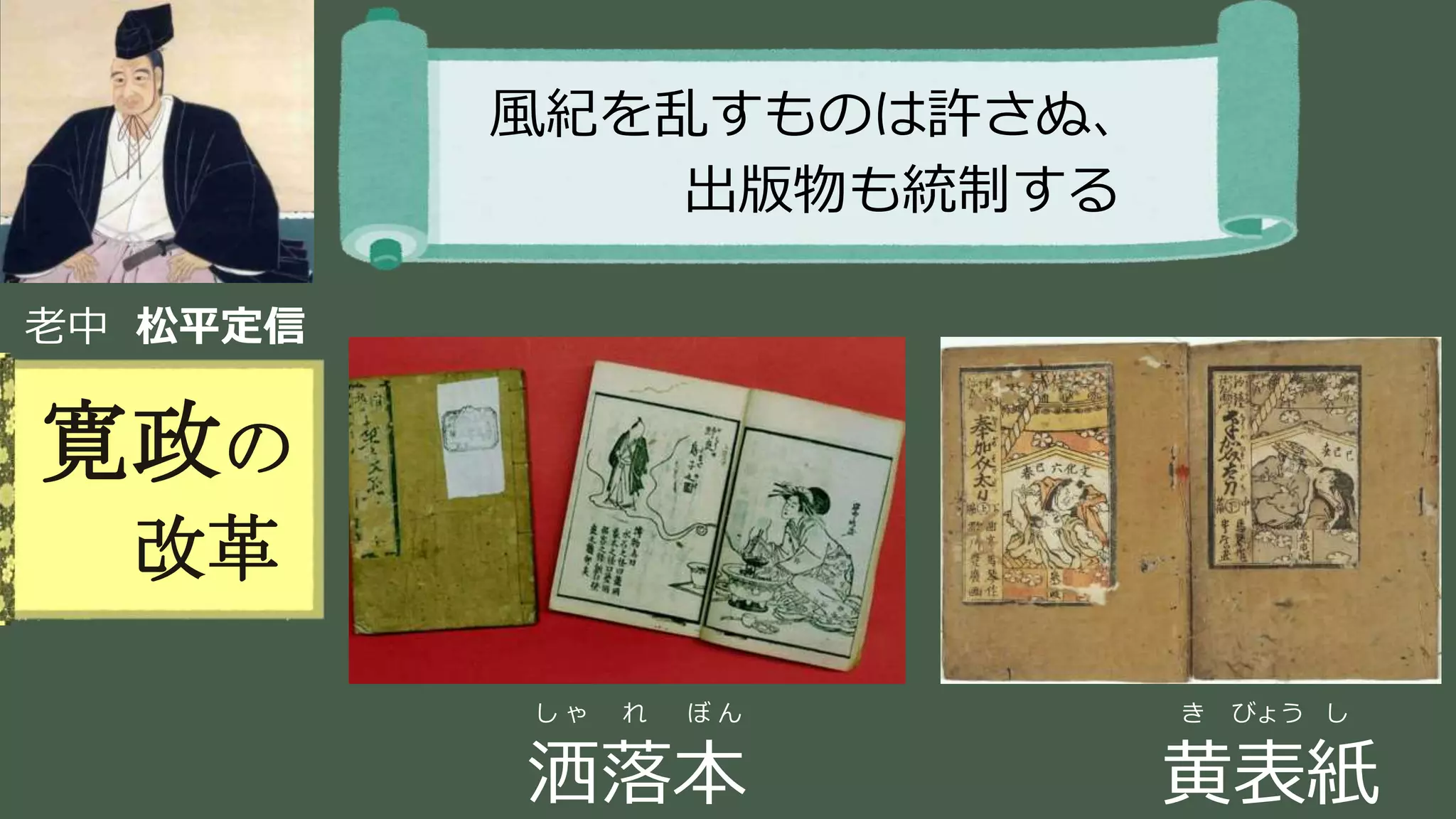 稲葉 通太 Michio Inaba
老中 松平定信
寛政の
改革
風紀を乱すものは許さぬ、
出版物も統制する
し ゃ れ ぼ ん
洒落本
き びょう し
黄表紙
 