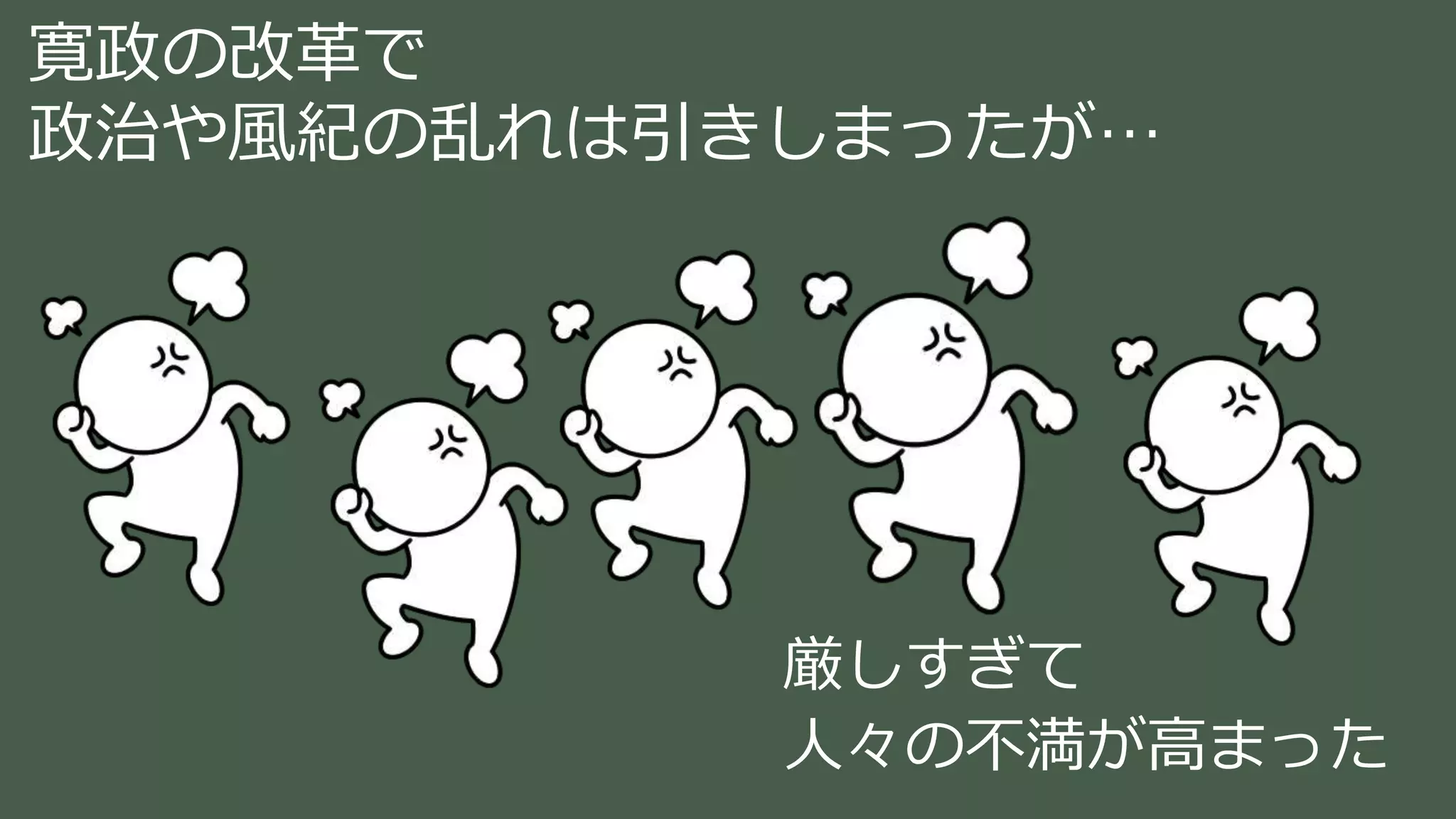 稲葉 通太 Michio Inaba
寛政の改革で
政治や風紀の乱れは引きしまったが…
厳しすぎて
人々の不満が高まった
 