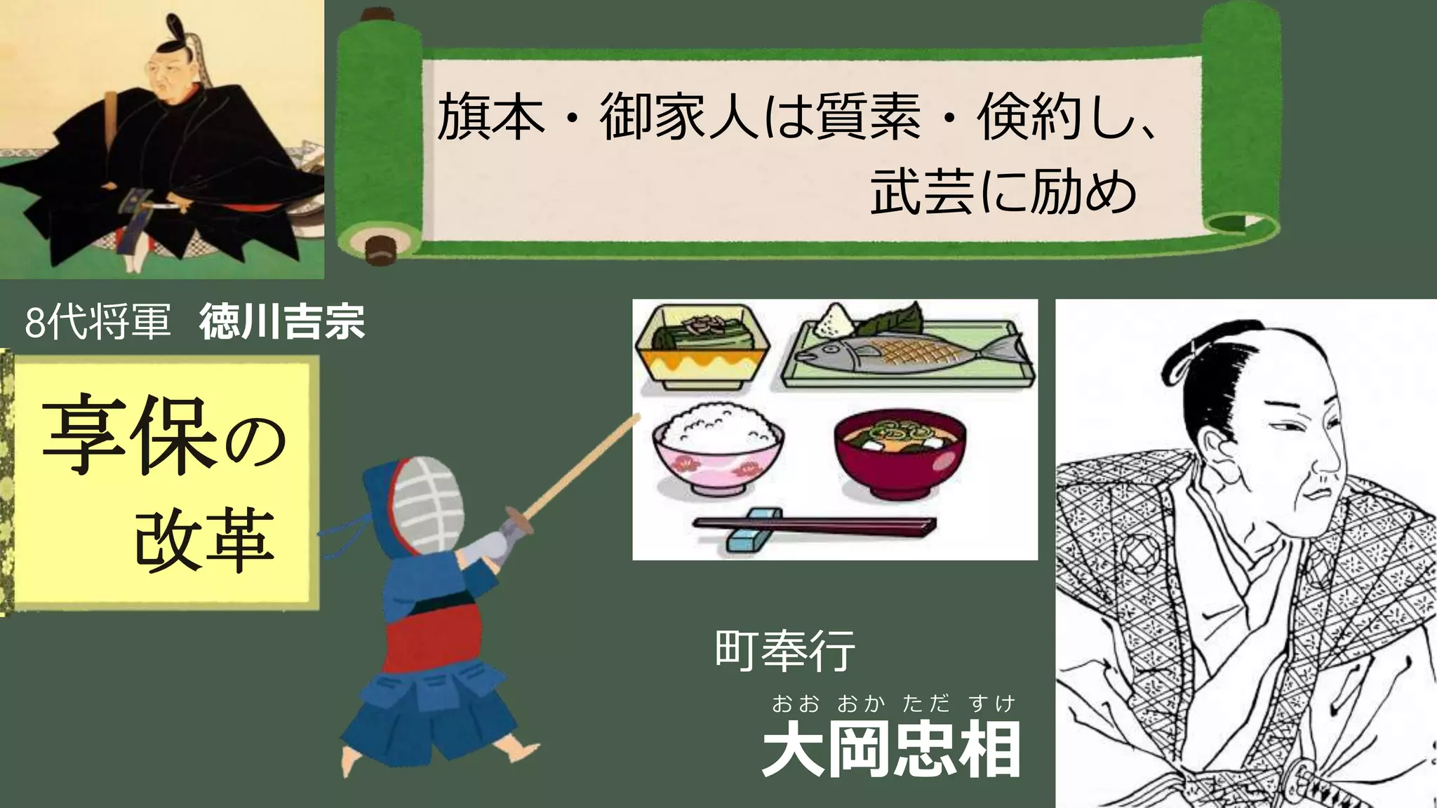 稲葉 通太 Michio Inaba
8代将軍 徳川吉宗
享保の
改革
旗本・御家人は質素・倹約し、
武芸に励め
町奉行
お お お か た だ す け
大岡忠相
 