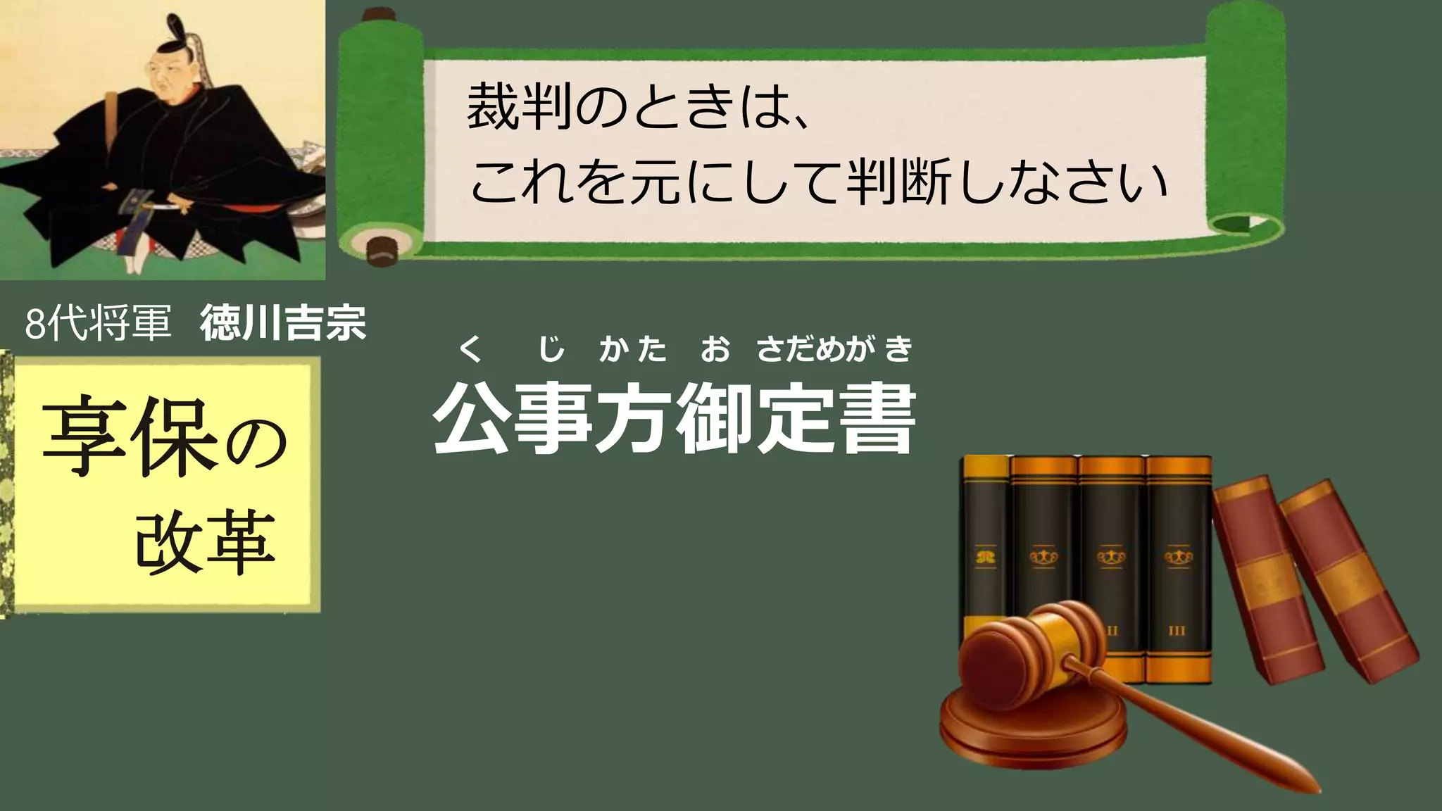 稲葉 通太 Michio Inaba
8代将軍 徳川吉宗
享保の
改革
裁判のときは、
これを元にして判断しなさい
く じ か た お さだめが き
公事方御定書
 