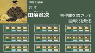稲葉 通太 Michio Inaba
た ぬ ま お き つ ぐ
田沼意次
18世紀後半
老 中
株仲間を増やして
営業税を取る
 