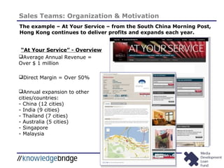 30
Sales Teams: Organization & Motivation
The example – At Your Service – from the South China Morning Post,
Hong Kong continues to deliver profits and expands each year.
“At Your Service” - Overview
Average Annual Revenue =
Over $ 1 million
Direct Margin = Over 50%
Annual expansion to other
cities/countries:
- China (12 cities)
- India (9 cities)
- Thailand (7 cities)
- Australia (5 cities)
- Singapore
- Malaysia
 