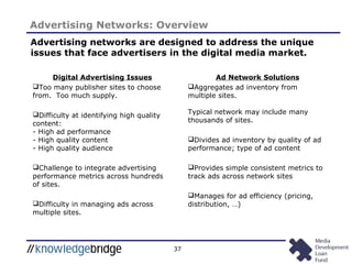 37
Advertising Networks: Overview
Advertising networks are designed to address the unique
issues that face advertisers in the digital media market.
Digital Advertising Issues
Too many publisher sites to choose
from. Too much supply.
Difficulty at identifying high quality
content:
- High ad performance
- High quality content
- High quality audience
Challenge to integrate advertising
performance metrics across hundreds
of sites.
Difficulty in managing ads across
multiple sites.
Ad Network Solutions
Aggregates ad inventory from
multiple sites.
Typical network may include many
thousands of sites.
Divides ad inventory by quality of ad
performance; type of ad content
Provides simple consistent metrics to
track ads across network sites
Manages for ad efficiency (pricing,
distribution, …)
 