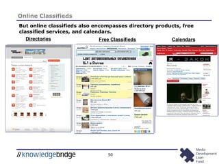 50
Online Classifieds
But online classifieds also encompasses directory products, free
classified services, and calendars.
Directories Free Classifieds Calendars
 