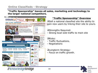 59
Online Classifieds - Strategy
“Traffic Sponsorship” Overview
Sell a national classified site the ability to
gain new users by linking their site to yours.
Strengths Required:
- Strong local web traffic to main site
Risks:
- Traffic fluctuations.
- Negotiations
Longterm Strategy:
- Focus on traffic growth.
“Traffic Sponsorship” leaves all sales, marketing and technology to
the larger national competitors.
 