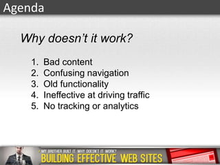 Agenda
Why doesn’t it work?
1.
2.
3.
4.
5.

Bad content
Confusing navigation
Old functionality
Ineffective at driving traffic
No tracking or analytics

 