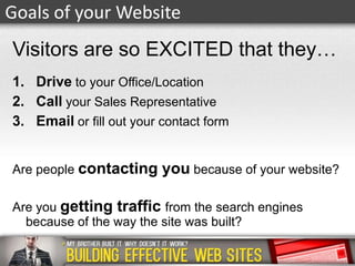 Goals of your Website

Visitors are so EXCITED that they…
1. Drive to your Office/Location
2. Call your Sales Representative
3. Email or fill out your contact form
Are people contacting

you because of your website?

Are you getting traffic from the search engines
because of the way the site was built?

 