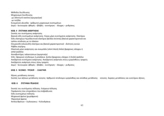 Μέθοδοι διεύθυνσης 
Μηχανισμοί διεύθυνσης 
-με οδοντωτό κανόνα (κρεμαγιέρα) 
-με πυξίδα. 
Κινηματική αλυσίδα - αρθρωτοί μηχανισμοί συστημάτων. 
Δομή – λειτουργία- φθορές – βλάβες - συντήρηση - έλεγχος – ρυθμίσεις. 
ΚΕΦ. 4 ΣΎΣΤΗΜΑ ΑΝΆΡΤΗΣΗΣ 
Σκοπός του συστήματος ανάρτησης 
Βασικά είδη συστημάτων ανάρτησης Κύρια μέρη συστήματος ανάρτησης Ελατήρια. 
Είδη ελατηρίων Ημιελλειπτικά ελατήρια (φύλλα σούστας) βασικά χαρακτηριστικά και 
τρόποι σύνδεσης με το πλαίσιο 
Σπειροειδή (ελικοειδή) ελατήρια και βασικά χαρακτηριστικά - ιδιότητες αυτών 
Ράβδοι στρέψης 
Ελαστικά μέρη ανάρτησης και σινεμπλόκ (silent block) Απλοί βραχίονες ελέγχου ή 
απλά ψαλίδια 
Αποσβεστήρες ταλαντώσεων (αμορτισέρ) 
Είδη Σφαιρικοί σύνδεσμοι ή μπαλάκια Διπλοί βραχίονες ελέγχου ή διπλά ψαλίδια 
Ανεξάρτητα συστήματα ανάρτησης Ανεξάρτητη ανάρτηση στους εμπρόσθιους τροχούς 
Ανεξάρτητη ανάρτηση στους πίσω τροχούς 
Δομή – λειτουργία- φθορές – βλάβες - συντήρηση - έλεγχος – ρυθμίσεις 
ΚΕΦ. 5 ΆΞΟΝΕΣ - ΤΡΟΧΟΊ - ΕΛΑΣΤΙΚΆ 
Άξονες μετάδοσης κίνησης 
Σκοπός των αξόνων μετάδοσης κίνησης Αρθρωτοί σύνδεσμοι εμπρόσθιας και οπίσθιας μετάδοσης κίνησης Ακραίες μεταδόσεις και κινητήριοι άξονες. 
ΚΕΦ. 6 ΣΎΣΤΗΜΑ ΠΈΔΗΣΗΣ 
Σκοπός του συστήματος πέδησης Ενέργεια πέδησης 
Παράγοντες που επηρεάζουν την επιβράδυνση 
Είδη συστημάτων πέδησης 
Μηχανικά φρένα (χειρόφρενο) 
Υδραυλικά φρένα 
Αντλία Φρένων – Σωληνώσεις – Κυλινδράκια. 
63 
 