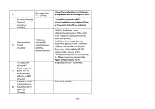 6 
8ο τρεχαντήρι 
LED (2 ώρες) 
http://learn.robotstore.gr/el/lesson- 
4.-eight-leds-and-a-shift-register.html 
7 
9ο Απεικόνιση σε 
Display 7 
τμημάτων 
(2 ώρες) 
Γενικά Ηλεκτρονικά σελ 175 
http://makezine.com/projects/drive-a- 
7-segment-led-with-an-arduino/ 
8 
Ηλεκτρονόμοι 
(relay) 
(2 ώρες) 
Τύποι και 
κατηγορίες 
ηλεκτρονόμων, 
χρήσεις , 
χαρακτηριστικά. 
Επίδειξη διαφόρων τύπων 
ηλεκτρονόμων (κυρίως PCBs , solid 
state relays που χρησιμοποιούνται 
στην ηλεκτρονική) 
Εκμάθηση των αναγραφόμενων 
συμβόλων, χρησιμότητα. Εκμάθηση 
εύρεσης των ακροδεκτών ( πηνίο 
διέγερσης, είδη επαφών ,NC,NO, 
μεταγωγικές , διπλές, κ.τ.λ,) 
Έλεγχος μεγάλης ισχύος με μικρή ισχύ, 
π.χ έλεγχος φωτισμού μέσω relay 
Αρχές αυτοματισμού σελ 41 
9 
Έλεγχος από 
εξωτερικό 
διακόπτη με και 
χωρίς pull up 
αντίσταση και 
ένδειξη σε LED 
(2 ώρες) 
Ψηφιακή είσοδος – Διακόπτες, 
10 
Διάβασμα τάσης 
(ποτενσιόμετρο- 
διαιρέτης) serial 
στον Η/Υ 
(2 ώρες) 
Aναλογική είσοδος 
119 
 