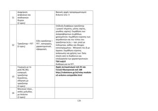 11 
Διαχείριση 
ψηφιακών και 
αναλογικών 
Θυρών 
(2 ώρες) 
Βασικές αρχές προγραμματισμού 
Arduino Uno II 
12 
Τρανζίστορ – FET 
(2 ώρες) 
Είδη τρανζίστορ – 
FET , κατηγορίες, 
χαρακτηριστικά , 
εφαρμογές 
Επίδειξη διαφόρων τρανζίστορ 
( μικρού σήματος, μέσης ισχύος, 
μεγάλης ισχύος). Εκμάθηση των 
αναγραφόμενων συμβόλων, 
χρησιμότητα. Εκμάθηση εύρεσης των 
ακροδεκτών και του τύπου του 
τρανζίστορ (e,b,c – npn, pnp) με 
πολύμετρο, καθώς και έλεγχος 
κατεστραμμένου . Μέτρηση του β με 
όργανο. Εκμάθηση εύρεσης 
ανάγνωσης και χρήσης των Data 
sheets από το διαδίκτυο και 
επεξεργασία των χαρακτηριστικών. 
ΤΔΗ κεφ.8 
Ανάλογα για τα FET. 
13 
Γνωριμία με το 
ρελέ NC,NO, 
εισαγωγή 
τρανζίστορ 
διακόπτης, 
οδήγηση με 
τρανζίστορ 
(2 ώρες) 
Αρχές αυτοματισμού σελ 41 και 
Γενικά Ηλεκτρονικά σελ 188 
http://robotstore.gr/el/relay-module-v2- 
arduino-compatible.html 
14 
Μουσικοί τόνοι , 
απλές μελωδίες 
με Arduino 
(2 ώρες) 
120 
 