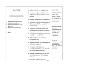 ΚΕΦΑΛΑΙΟ 2 
Αναλογικές Διαμορφώσεις 
1. Η ανάγκη για διαμόρφωση. 
2. Διαμόρφωση πλάτους. 
3. Διαμόρφωση πλάτους χωρίς 
φέρουσα. 
4. Διαμόρφωση συχνότητας. 
6 ώρες 
1α. Ορίζει την έννοια της διαμόρφωσης. 
1β. Αναφέρει τους βασικούς λόγους που 
επιβάλουν τη χρήση της διαμόρφωσης 
σήματος. 
1γ. Αναφέρει τα βασικά είδη διαμόρφωσης. 
2α. Περιγράφει τη διαδικασία διαμόρφωσης 
πλάτους με τη βοήθεια ενός απλού 
διαγράμματος. 
2β. Αναγνωρίζει την κυματομορφή ενός 
διαμορφωμένου κατά πλάτος σήματος. 
2γ. Υπολογίζει τις πλευρικές συχνότητες του 
διαμορφωμένου σήματος. 
2δ. Ορίζει την έννοια του ποσοστού 
διαμόρφωσης (m). 
2ε. Υπολογίζει την ισχύ του διαμορφωμένου 
κατά πλάτος σήματος. 
3α. Περιγράφει τη διαφορά της 
διαμόρφωσης πλάτους χωρίς φέρουσα 
από τη διαμόρφωση πλάτους. 
3β. Αναφέρει τα χαρακτηριστικά των δύο 
τύπων διαμόρφωσης πλάτους χωρίς 
φέρουσα. 
4. Περιγράφει τη διαδικασία και τα 
Σχολικό Βιβλίο: 
“ Επικοινωνίες και 
Δίκτυα ” 1ου 
κύκλου Α΄ τάξης 
ΤΕΕ Α. Αμδίτης κ.ά 
Κεφ. 5 παρ.5.10 
Μπορεί να αξιοποιηθεί 
και το βιβλίο 
«Συστήματα Εκπομπής 
και Λήψης» Β΄ τάξης 
1ου κύκλου ΤΕΕ,Α. 
Νασιόπουλος- 
Δ.Χατζόπουλος 
Κεφάλαιο 3 
Εισαγωγή στις 
Τηλεπικοινωνίες. 
Ηλεκτρομαγνητικό 
Κύμα και Τεχνικές 
Διαμόρφωσης. 
§ 3.6 & 3.8 
152 
 