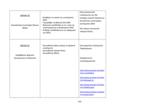 ΑΣΚΗΣΗ 24 
Εγκατάσταση συστοιχίας δίσκων 
(RAID) 
- Αναφέρει το σκοπό του συστήματος 
RAID. 
- Περιγράφει τα βασικά είδη RAID. 
- Φορτώνει κατάλληλα το λ.σ. ώστε να 
υποστηρίζονται οι διαδικασίες RAID. 
- Ρυθμίζει κατάλληλα για την εφαρμογή 
του RAID. 
Ένας προσωπικός 
υπολογιστής που θα 
περιέχει μητρική πλακέτα με 
δυνατότητα υποστήριξης 
συστήματος RAID 
Δύο όμοιοι εσωτερικοί 
σκληροί δίσκοι. 
ΑΣΚΗΣΗ 25 
Αναβάθμιση φορητού 
ηλεκτρονικού υπολογιστή 
- Αντικαθιστά κάρτα μνήμης σε φορητό 
υπολογιστή. 
- Αντικαθιστά σκληρό δίσκο. 
- Αντικαθιστά οθόνη. 
Ένας φορητός υπολογιστής 
Παρελκόμενα 
Εναλλακτικά ή 
συμπληρωματικά : 
http://www.youtube.com/watc 
h?v=5_ZyrdYQDcE 
http://www.youtube.com/watc 
h?v=KRcjUaaD_jU 
http://www.youtube.com/watc 
h?v=TD6WDt-goiU 
http://www.youtube.com/watc 
h?v=So2qp7zjoSc) 
169 
 