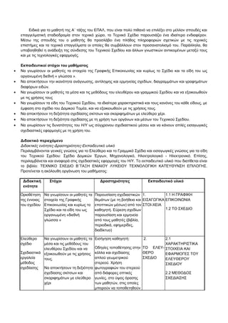 Ειδικά για το μαθητή της Α΄ τάξης του ΕΠΑΛ, που είναι πολύ πιθανό να επιλέξει στο μέλλον σπουδές και 
επαγγελματική σταδιοδρομία στον τεχνικό χώρο, το Τεχνικό Σχέδιο παρουσιάζει ένα ιδιαίτερο ενδιαφέρον. 
Μέσω της σπουδής του ο μαθητής θα προσλάβει ένα πλήθος πληροφοριών σχετικών με τις τεχνικές 
επιστήμες και τα τεχνικά επαγγέλματα οι οποίες θα συμβάλλουν στον προσανατολισμό του. Παράλληλα, θα 
υποβοηθηθεί η ανάδειξη της σύνδεσης του Τεχνικού Σχεδίου και άλλων γνωστικών αντικειμένων μεταξύ τους 
και με τις τεχνολογικές εφαρμογές. 
Εκπαιδευτικοί στόχοι του μαθήματος 
· Να γνωρίσουν οι μαθητές τα στοιχεία της Γραφικής Επικοινωνίας και κυρίως το Σχέδιο και τα είδη του ως 
οργανωμένη διεθνή « γλώσσα ». 
· Να αποκτήσουν την ικανότητα ανάγνωσης, αντίληψης και ερμηνείας σχεδίων, διαγραμμάτων και γραφημάτων 
διαφόρων ειδών. 
· Να γνωρίσουν οι μαθητές τα μέσα και τις μεθόδους του ελευθέρου και γραμμικού Σχεδίου και να εξοικειωθούν 
με τις χρήσεις τους 
· Να γνωρίσουν τα είδη του Τεχνικού Σχεδίου, τα ιδιαίτερα χαρακτηριστικά και τους κανόνες του κάθε είδους, με 
έμφαση στο σχέδιο του Δομικού Τομέα, και να εξοικειωθούν με τις χρήσεις τους. 
· Να αποκτήσουν τη δεξιότητα σχεδίασης σκίτσων και σκαριφημάτων με ελεύθερο χέρι. 
· Να αποκτήσουν τη δεξιότητα σχεδίασης με τη χρήση των οργάνων και μέσων του Τεχνικού Σχεδίου. 
· Να γνωρίσουν τις δυνατότητες του Η/Υ ως σύγχρονου σχεδιαστικού μέσου και να κάνουν απλές εισαγωγικές 
σχεδιαστικές εφαρμογές με τη χρήση του. 
Διδακτικό περιεχόμενο 
Διδακτικές ενότητες-Δραστηριότητες-Εκπαιδευτικό υλικό 
Περιλαμβάνονται γενικές γνώσεις για το Ελεύθερο και το Γραμμικό Σχέδιο και εισαγωγικές γνώσεις για τα είδη 
του Τεχνικού Σχεδίου: Σχέδιο Δομικών Έργων, Μηχανολογικό, Ηλεκτρολογικό - Ηλεκτρονικό. Επίσης, 
περιλαμβάνεται και αναφορά στις σχεδιαστικές εφαρμογές του Η/Υ. Το εκπαιδευτικό υλικό που διατίθεται είναι 
το βιβλίο: ΤΕΧΝΙΚΟ ΣΧΕΔΙΟ Β΄ΤΑΞΗ ΕΝΙΑΙΟΥ ΛΥΚΕΙΟΥ ΤΕΧΝΟΛΟΓΙΚΗ ΚΑΤΕΥΘΥΝΣΗ ΕΠΙΛΟΓΗΣ. 
Προτείνεται η ακόλουθη οργάνωση του μαθήματος: 
Διδακτική 
Στόχοι Δραστηριότητες Εκπαιδευτικό υλικό 
ενότητα 
Οριοθέτηση 
της έννοιας 
του σχεδίου 
Να γνωρίσουν οι μαθητές τα 
στοιχεία της Γραφικής 
Επικοινωνίας και κυρίως το 
Σχέδιο και τα είδη του ως 
οργανωμένη «διεθνή 
γλώσσα » 
Παρουσίαση σχεδιαστικών 
θεμάτων (με τη βοήθεια και 
εποπτικών μέσων) από τον 
καθηγητή. Εύρεση σχεδίων 
παρουσίαση και ερμηνεία 
από τους μαθητές (βιβλία, 
περιοδικά, εφημερίδες, 
διαδίκτυο) 
1. 
ΕΙΣΑΓΩΓΙΚΑ 
ΣΤΟΙ-ΧΕΙΑ 
1.1 Η ΓΡΑΦΙΚΗ 
ΕΠΙΚΟΙΝΩΝΙΑ 
1.2 ΤΟ ΣΧΕΔΙΟ 
Ελεύθερο 
σχέδιο 
Σχεδιαστικά 
εργαλεία 
μέθοδος 
σχεδίασης 
Να γνωρίσουν οι μαθητές τα 
μέσα και τις μεθόδους του 
ελευθέρου Σχεδίου και να 
εξοικειωθούν με τις χρήσεις 
τους. 
Να αποκτήσουν τη δεξιότητα 
σχεδίασης σκίτσων και 
σκαριφημάτων με ελεύθερο 
χέρι 
Εισήγηση καθηγητή: 
Οδηγίες τοποθέτησης στην 
κόλλα και σχεδίασης 
απλού γεωμετρικού 
στερεού. Χρήση 
φωτογραφιών του στερεού 
από διάφορες οπτικές 
γωνίες, στο ύψος όρασης 
των μαθητών, στις οποίες 
μπορούν να τοποθετηθούν 
2. 
ΤΟ ΕΛΕΥ- 
ΘΕΡΟ 
ΣΧΕΔΙΟ 
2.1 
ΧΑΡΑΚΤΗΡΙΣΤΙΚΑ 
ΣΤΟΙΧΕΙΑ ΚΑΙ 
ΕΦΑΡΜΟΓΕΣ ΤΟΥ 
ΕΛΕΥΘΕΡΟΥ 
ΣΧΕΔΙΟΥ 
2.2 ΜΕΘΟΔΟΣ 
ΣΧΕΔΙΑΣΗΣ 
 