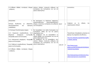 2.1.3 Φθορές - βλάβες - συντήρηση - έλεγχος 
- ρυθμίσεις. 
τρόπους ελέγχου, επισκευής ρύθμισης και 
συντήρησης των συστημάτων, και των επί 
μέρους εξαρτημάτων. 
αυτοκινήτου. 
ΕΡΓΑΣΤΗΡΙΟ: 
1. Να αποκτήσουν τις δεξιότητες αφαίρεσης, 
Σύστημα διεύθυνσης με υδραυλική, 
ηλεκτροϋδραυλική και ηλεκτρική 
υποβοήθηση 
επανατοποθέτησης, αποσυναρμολόγησης, 
ελέγχου, επισκευής, συντήρησης και ρύθμισης 
των συστημάτων. 
38-67 8 
Σύμφωνα με τις οδηγίες του 
εργαστηριακού οδηγού 
2.2 Σύστημα 4 διευθυντηρίων τροχών. 
2. Να περιγράφουν τον τρόπο λειτουργίας των 
2.2.1 Ενεργητική τετραδιεύθυνση. 2.2.2 
Μηχανικά ελεγχόμενα συστήματα. 
Περιγραφή μερών και λειτουργίας. 
2.2.3 Ηλεκτρονικά ελεγχόμενη. Περιγραφή 
μερών και λειτουργίας. 
2.2.4 Παθητική τετραδιεύθυνση. Περιγραφή 
μερών και λειτουργίας. 
2.2.5 Φθορές - βλάβες - συντήρηση - έλεγχος 
– ρυθμίσεις. 
συστημάτων, καθώς και των επί μέρους 
εξαρτημάτων τους. 
3. Να αναφέρουν και να περιγράφουν τις 
πιθανές βλάβες των συστημάτων, και των επί 
μέρους εξαρτημάτων τους. 
4. Να αναφέρουν και να περιγράφουν τους 
τρόπους ελέγχου, επισκευής, ρύθμισης και 
συντήρησης των συστημάτων, και των επί 
μέρους εξαρτημάτων. 
126-137 6 
Περισσότερες πληροφορίες μπορούμε να 
βρούμε στις παρακάτω διευθύνσεις: 
http://en.wikipedia.org/wiki/Steering#Fo 
ur-wheel_steering 
http://www.nissan-global. 
com/EN/TECHNOLOGY/INTRODUC 
TION/DETAILS/4WAS/ 
http://www.gizmag.com/electronic-four-wheel- 
steering-from-renault/9133/ 
39 
 