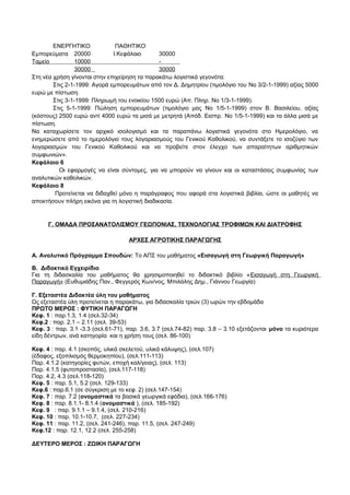 ΕΝΕΡΓΗΤΙΚΟ ΠΑΘΗΤΙΚΟ 
Εμπορεύματα 20000 Ι.Κεφάλαιο 30000 
Ταμείο 10000 - 
30000 30000 
Στη νέα χρήση γίνονται στην επιχείρηση τα παρακάτω λογιστικά γεγονότα: 
Στις 2-1-1999: Αγορά εμπορευμάτων από τον Δ. Δημητρίου (τιμολόγιο του No 3/2-1-1999) αξίας 5000 
ευρώ με πίστωση. 
Στις 3-1-1999: Πληρωμή του ενοικίου 1500 ευρώ (Απ. Πληρ. No 1/3-1-1999). 
Στις 5-1-1999: Πώληση εμπορευμάτων (τιμολόγιο μας No 1/5-1-1999) στον Β. Βασιλείου, αξίας 
(κόστους) 2500 ευρώ αντί 4000 ευρώ τα μισά με μετρητά (Απόδ. Εισπρ. No 1/5-1-1999) και τα άλλα μισά με 
πίστωση. 
Να καταχωρίσετε τον αρχικό ισολογισμό και τα παραπάνω λογιστικά γεγονότα στο Ημερολόγιο, να 
ενημερώσετε από το ημερολόγιο τους λογαριασμούς του Γενικού Καθολικού, να συντάξετε το ισοζύγιο των 
λογαριασμών του Γενικού Καθολικού και να προβείτε στον έλεγχο των απαραίτητων αριθμητικών 
συμφωνιών». 
Κεφάλαιο 6 
Οι εφαρμογές να είναι σύντομες, για να μπορούν να γίνουν και οι καταστάσεις συμφωνίας των 
αναλυτικών καθολικών. 
Κεφάλαιο 8 
Προτείνεται να διδαχθεί μόνο η παράγραφος που αφορά στα λογιστικά βιβλία, ώστε οι μαθητές να 
αποκτήσουν πλήρη εικόνα για τη λογιστική διαδικασία. 
Γ. ΟΜΑΔΑ ΠΡΟΣΑΝΑΤΟΛΙΣΜΟΥ ΓΕΩΠΟΝΙΑΣ, ΤΕΧΝΟΛΟΓΙΑΣ ΤΡΟΦΙΜΩΝ ΚΑΙ ΔΙΑΤΡΟΦΗΣ 
ΑΡΧΕΣ ΑΓΡΟΤΙΚΗΣ ΠΑΡΑΓΩΓΗΣ 
Α. Αναλυτικό Πρόγραμμα Σπουδών: Το ΑΠΣ του μαθήματος «Εισαγωγή στη Γεωργική Παραγωγή» 
Β. Διδακτικό Εγχειρίδιο 
Για τη διδασκαλία του μαθήματος θα χρησιμοποιηθεί το διδακτικό βιβλίο «Εισαγωγή στη Γεωργική 
Παραγωγή» (Ευθυμιάδης Παν., Φεγγερός Κων/νος, Μπιλάλης Δημ., Γιάννου Γεωργία) 
Γ. Εξεταστέα Διδακτέα ύλη του μαθήματος 
Ως εξεταστέα ύλη προτείνεται η παρακάτω, για διδασκαλία τριών (3) ωρών την εβδομάδα 
ΠΡΩΤΟ ΜΕΡΟΣ : ΦΥΤΙΚΗ ΠΑΡΑΓΩΓΗ 
Κεφ. 1 : παρ.1.3, 1.4 (σελ.32-34) 
Κεφ.2 : παρ. 2.1 – 2.11 (σελ. 39-53) 
Κεφ. 3 : παρ. 3.1 -3.3 (σελ.61-71), παρ. 3.6, 3.7 (σελ.74-82) παρ. 3.8 – 3.10 εξετάζονται μόνο τα κυριότερα 
είδη δέντρων, ανά κατηγορία και η χρήση τους (σελ. 86-100) 
Κεφ. 4 : παρ. 4.1 (σκοπός, υλικά σκελετού, υλικά κάλυψης), (σελ.107) 
(έδαφος, εξοπλισμός θερμοκηπίου), (σελ.111-113) 
Παρ. 4.1.2 (κατηγορίες φυτών, εποχή καλ/γειας), (σελ. 113) 
Παρ. 4.1.5 (φυτοπροστασία), (σελ.117-118) 
Παρ. 4.2, 4.3 (σελ.118-120) 
Κεφ. 5 : παρ. 5.1, 5.2 (σελ. 129-133) 
Κεφ.6 : παρ.6.1 (σε σύγκριση με το κεφ. 2) (σελ.147-154) 
Κεφ. 7 : παρ. 7.2 (ονομαστικά τα βασικά γεωργικά εφόδια), (σελ.166-176) 
Κεφ. 8 : παρ. 8.1.1- 8.1.4 (ονομαστικά ), (σελ. 185-192) 
Κεφ. 9 : παρ. 9.1.1 – 9.1.4, (σελ. 210-216) 
Κεφ. 10 : παρ. 10.1-10.7, (σελ. 227-234) 
Κεφ. 11 : παρ. 11.2, (σελ. 241-246), παρ. 11.5, (σελ. 247-249) 
Κεφ.12 : παρ. 12.1, 12.2 (σελ. 255-258) 
ΔΕΥΤΕΡΟ ΜΕΡΟΣ : ΖΩΙΚΗ ΠΑΡΑΓΩΓΗ 
 