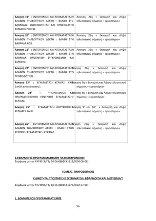 Άσκηση 19η : ΕΝΤΟΠΙΣΜΟΣ ΚΑΙ ΑΠΟΚΑΤΑΣΤΑΣΗ 
ΒΛΑΒΩΝ ΤΗΛΕΟΠΤΙΚΟΥ ΔΕΚΤΗ : ΒΛΑΒΗ ΣΤΙΣ 
ΒΑΘΜΙΔΕΣ ΦΩΤΕΙΝΟΤΗΤΑΣ ΚΑΙ ΠΡΟΕΝΙΣΧΥΤΗ 
ΣΗΜΑΤΟΣ VIDEO. 
Άσκηση 21η « Εκπομπή και Λήψη 
τηλεοπτικού σήματος – εργαστήριο» 
Άσκηση 20η : ΕΝΤΟΠΙΣΜΟΣ ΚΑΙ ΑΠΟΚΑΤΑΣΤΑΣΗ 
ΒΛΑΒΩΝ ΤΗΛΕΟΠΤΙΚΟΥ ΔΕΚΤΗ : ΒΛΑΒΗ ΣΤΗ 
ΒΑΘΜΙΔΑ RGB. 
Άσκηση 22η « Εκπομπή και Λήψη 
τηλεοπτικού σήματος – εργαστήριο» 
Άσκηση 21η : ΕΝΤΟΠΙΣΜΟΣ ΚΑΙ ΑΠΟΚΑΤΑΣΤΑΣΗ 
ΒΛΑΒΩΝ ΤΗΛΕΟΠΤΙΚΟΥ ΔΕΚΤΗ : ΒΛΑΒΗ ΣΤΗ 
ΒΑΘΜΙΔΑ ΟΡΙΖΟΝΤΙΟΥ ΣΥΓΧΡΟΝΙΣΜΟΥ ΚΑΙ 
ΣΑΡΩΣΗΣ. 
Άσκηση 23η « Εκπομπή και Λήψη 
τηλεοπτικού σήματος – εργαστήριο» 
Άσκηση 22η : ΕΝΤΟΠΙΣΜΟΣ ΚΑΙ ΑΠΟΚΑΤΑΣΤΑΣΗ 
ΒΛΑΒΩΝ ΤΗΛΕΟΠΤΙΚΟΥ ΔΕΚΤΗ : ΒΛΑΒΗ ΣΤΟ 
ΤΡΟΦΟΔΟΤΙΚΟ. 
Άσκηση 26η « Εκπομπή και Λήψη 
τηλεοπτικού σήματος – εργαστήριο» 
Άσκηση 23η : ΕΓΚΑΤΑΣΤΑΣΗ ΚΕΡΑΙΑΣ YAGI 
( απλή εγκατάσταση ). 
Άσκηση 7η « Εκπομπή και Λήψη τηλεοπτικού 
σήματος – εργαστήριο» 
Άσκηση 24η : ΥΠΟΛΟΓΙΣΜΟΣ ΚΑΙ 
ΠΡΑΓΜΑΤΟΠΟΙΗΣΗ ΚΕΝΤΡΙΚΗΣ ΕΓΚΑΤΑΣΤΑΣΗΣ 
ΚΕΡΑΙΑΣ. 
Άσκηση 8η « Εκπομπή και Λήψη τηλεοπτικού 
σήματος – εργαστήριο» 
Άσκηση 25η : ΕΓΚΑΤΑΣΤΑΣΗ ΔΟΡΥΦΟΡΙΚΗΣ 
ΚΕΡΑΙΑΣ Ι ΚΑΙ ΙΙ. 
Άσκηση 9η και 10η « Εκπομπή και Λήψη 
τηλεοπτικού σήματος – εργαστήριο» 
Άσκηση 26η : ΕΝΤΟΠΙΣΜΟΣ ΚΑΙ ΑΠΟΚΑΤΑΣΤΑΣΗ 
ΒΛΑΒΩΝ ΤΗΛΕΟΠΤΙΚΟΥ ΔΕΚΤΗ : ΒΛΑΒΗ ΣΤΗΝ 
ΚΕΝΤΡΙΚΗ ΕΓΚΑΤΑΣΤΑΣΗ ΚΕΡΑΙΑΣ . 
Άςκηση 25η « Εκπομπή και Λήψη 
τηλεοπτικού σήματος – εργαστήριο» 
6.ΕΦΑΡΜΟΓΕΣ ΠΡΟΓΡΑΜΜΑΤΙΣΜΟΥ ΓΙΑ ΗΛΕΚΤΡΟΝΙΚΟΥΣ 
Σύμφωνα με την ΥΑ74918/Γ2/ 10-06-08(ΦΕΚ1211/Β/30-06-08) 
ΤΟΜΕΑΣ ΠΛΗΡΟΦΟΡΙΚΗΣ 
