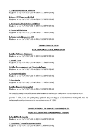 Οδηγίες για τη διδασκαλία των μαθημάτων ανά Ομάδα Προσανατολισμού