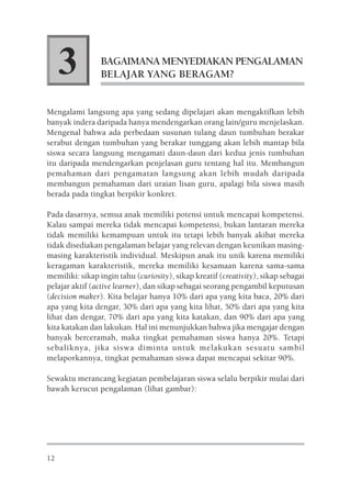 3          BAGAIMANA MENYEDIAKAN PENGALAMAN
                BELAJAR YANG BERAGAM?


Mengalami langsung apa yang sedang dipelajari akan mengaktifkan lebih
banyak indera daripada hanya mendengarkan orang lain/guru menjelaskan.
Mengenal bahwa ada perbedaan susunan tulang daun tumbuhan berakar
serabut dengan tumbuhan yang berakar tunggang akan lebih mantap bila
siswa secara langsung mengamati daun-daun dari kedua jenis tumbuhan
itu daripada mendengarkan penjelasan guru tentang hal itu. Membangun
pemahaman dari pengamatan langsung akan lebih mudah daripada
membangun pemahaman dari uraian lisan guru, apalagi bila siswa masih
berada pada tingkat berpikir konkret.

Pada dasarnya, semua anak memiliki potensi untuk mencapai kompetensi.
Kalau sampai mereka tidak mencapai kompetensi, bukan lantaran mereka
tidak memiliki kemampuan untuk itu tetapi lebih banyak akibat mereka
tidak disediakan pengalaman belajar yang relevan dengan keunikan masing-
masing karakteristik individual. Meskipun anak itu unik karena memiliki
keragaman karakteristik, mereka memiliki kesamaan karena sama-sama
memiliki: sikap ingin tahu (curiosity), sikap kreatif (creativity), sikap sebagai
pelajar aktif (active learner), dan sikap sebagai seorang pengambil keputusan
(decision maker). Kita belajar hanya 10% dari apa yang kita baca, 20% dari
apa yang kita dengar, 30% dari apa yang kita lihat, 50% dari apa yang kita
lihat dan dengar, 70% dari apa yang kita katakan, dan 90% dari apa yang
kita katakan dan lakukan. Hal ini menunjukkan bahwa jika mengajar dengan
banyak berceramah, maka tingkat pemahaman siswa hanya 20%. Tetapi
sebaliknya, jika siswa diminta untuk melakukan sesuatu sambil
melaporkannya, tingkat pemahaman siswa dapat mencapai sekitar 90%.

Sewaktu merancang kegiatan pembelajaran siswa selalu berpikir mulai dari
bawah kerucut pengalaman (lihat gambar):




12
 