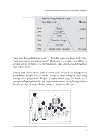 Bagaimana Menyediakan Pengalaman Belajar Yang Beragam?




                             Kerucut Pengalaman Belajar
                             Yang kita ingat:                              Modus

                       10%                     baca                         Verbal
                       20%                   dengar
                       30%                     lihat
                                                                            Visual
                       50%             lihat dan dengar
                       70%                  katakan
                       90%          katakan dan lakukan                   Berbuat


“Apa yang harus dilakukan siswa?”. Jika tidak mungkin, bergerak ke atas,
“Apa yang harus dijelaskan siswa?”. Demikian seterusnya, yang akhirnya
dengan sangat terpaksa, kita merencanakan, “Apa yang harus didengarkan
atau dibaca siswa?”

Ketika guru berceramah, apakah semua siswa dalam kelas memperoleh
pengalaman belajar. Secara umum, mungkin hanya sebagian siswa yang
memperoleh pengalaman belajar. Sebagian siswa yang lain tentu tidak
memperoleh pengalaman belajar. Supaya semua siswa mengalami perisitiwa
belajar, guru perlu menyediakan beragam pengalaman belajar.




                                                                                  13
 