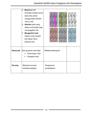 5. Mewarna hasil
               cantingan dengan warna
               sejuk atau panas
               menggunakan kaedah
               ‘wet on wet’
            6. Seterika catan yang
               dialas surat khabar bagi
               menanggalkan lilin
            7. Menggubah hasil
               rekaan corak menjadi
               kad Ulang Tahun
               Kelahiran Ibu.




Kemuncak Sesi apresiasi hasil kerja:      Refleksi/metakognisi
               •   Penerangan hasil
               •   Peragaan hasil




Penutup      Membuat rumusan              Pengukuhan
             berkaitan kegiatan.          pembelajaran




                                          101
 
