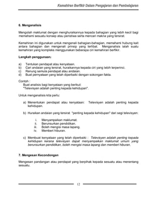 6. Menganalisis

Mengolah maklumat dengan menghuraikannya kepada bahagian yang lebih kecil bagi
memahami sesuatu konsep atau peristiwa serta mencari makna yang tersirat.

Kemahiran ini digunakan untuk mengenali bahagian-bahagian, memahami hubung kait
antara bahagian dan mengenali prinsip yang terlibat. Menganalisis ialah suatu
kemahiran yang kompleks menggunakan beberapa ciri kemahiran berfikir.

Langkah penggunaan:

a)    Tentukan pendapat atau kenyataan.
b)    Cari andaian yang tersirat, huraikannya kepada ciri yang lebih terperinci.
c)    Renung semula pendapat atau andaian.
d)    Buat pernyataan yang telah diperbaiki dengan sokongan fakta.

Contoh :
  Buat analisis bagi kenyataan yang berikut:
  Televisyen adalah penting kepada kehidupan.

Untuk menganalisis kita perlu:

     a) Menentukan pendapat atau kenyataan:         Televisyen adalah penting kepada
        kehidupan.

     b) Huraikan andaian yang tersirat penting kepada kehidupan dari segi televisyen:

              i.   Menyampaikan maklumat.
             ii.   Berunsurkan pendidikan.
            iii.   Boleh mengisi masa lapang.
            iv.    Memberi hiburan.

     c) Membuat kenyataan yang telah diperbaiki : Televisyen adalah penting kepada
        kehidupan kerana televisyen dapat menyampaikan maklumat umum yang
        berunsurkan pendidikan, boleh mengisi masa lapang dan memberi hiburan .


7. Mengesan Kecondongan

Mengesan pandangan atau pendapat yang berpihak kepada sesuatu atau menentang
sesuatu.




                                            12
 