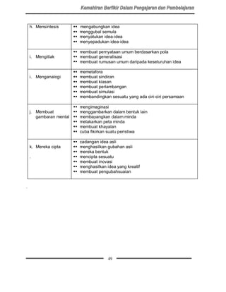 h. Mensintesis     SS   mengabungkan idea
                       SS   menggubal semula
                       SS   menyatukan idea-idea
                       SS   menyepadukan idea-idea

                       SS membuat pernyataan umum berdasarkan pola
    i. Mengitlak       SS membuat generalisasi
                       SS membuat rumusan umum daripada keseluruhan idea

                       SS   memetafora
    i. Menganalogi     SS   membuat sindiran
                       SS   membuat kiasan
                       SS   membuat perlambangan
                       SS   membuat simulasi
                       SS   membandingkan sesuatu yang ada ciri-ciri persamaan

                       SS mengimaginasi
    j. Membuat         SS menggambarkan dalam bentuk lain
       gambaran mental SS membayangkan dalam minda
                       SS melakarkan peta minda
                       SS membuat khayalan
                       SS cuba fikirkan suatu peristiwa

                       SS   cadangan idea asli
    k. Mereka cipta    SS   menghasilkan gubahan asli
                       SS   mereka bentuk
    .                  SS   mencipta sesuatu
                       SS   membuat inovasi
                       SS   menghasilkan idea yang kreatif
                       SS   membuat pengubahsuaian


.




                                          49
 