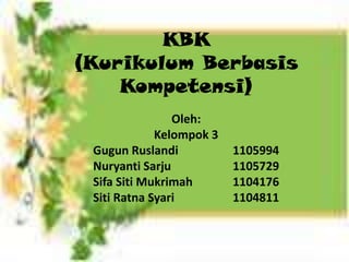 KBK
(Kurikulum Berbasis
    Kompetensi)
                Oleh:
             Kelompok 3
 Gugun Ruslandi           1105994
 Nuryanti Sarju           1105729
 Sifa Siti Mukrimah       1104176
 Siti Ratna Syari         1104811
 