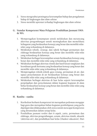 Pendahuluan



   2. Siswa mengetahui pentingnya keterampilan hidup dan pengalaman
      hidup di lingkungan dan alam sekitar.
   3. Siswa memiliki apresiasi terhadap lingkungan dan alam sekitar.


G. Standar Kompetensi Mata Pelajaran Pendidikan Jasmani SMA
   & MA.

   1. Memperagakan kemampuan untuk melakukan dan merancang
      aktivitas pengembangan untuk meningkatkan dan memelihara
      kebugaran yang berdasarkan konsep yang benar dan memiliki nilai-
      nilai yang terkandung di dalamnya.
   2. Melakukan teknik, strategi, dan taktik berbagai permainan dan
      olahraga berdasarkan konsep yang benar dan memiliki nilai-nilai
      yang terkandung di dalamnya.
   3. Melakukan berbagai keterampilan senam berdasarkan konsep yang
      benar dan memiliki nilai-nilai yang terkandung di dalamnya.
   4. Melakukan berbagai aktivitas ritmik dan hasil kreasi rangkaian dan
      koordinasi gerak berirama yang berdasarkan konsep yang benar dan
      memiliki nilai-nilai yang terkandung di dalamnya.
   5. Memperagakan teknik-teknik gaya renang, permainan di air, dan
      upaya penyelamatan di air berdasarkan konsep yang benar dan
      memiliki nilai-nilai yang terkandung di dalamnya.
   6. Melakukan berbagai aktivitas di luar kelas seperti keterampilan
      penjelajahan dan penyelamatan dalam kegiatan kegiatan di alam
      bebas berdasarkan konsep yang benar dan memiliki nilai-nilai yang
      terkandung di dalamnya.


H. Rambu - rambu

   1. Kurikulum berbasis kompetensi ini merupakan pedoman mengajar
      bagi guru dan merupakan bahan kegiatan pembelajaran yang perlu
      dipelajari dan dilaksanakan oleh siswa untuk mencapai kompetensi
      yang dirumuskan dalam setiap kelas.
   2. Pendidikan jasmani terdiri dari 6 aspek, yaitu, permainan dan
      olahraga, aktivitas pengembangan, senam, aktivitas ritmik, akuatik
      (aktivitas air), dan pendidikan luar kelas (Outdoor education). Dari


                                                                         15
 