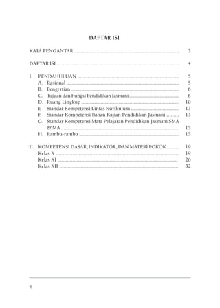 DAFTAR ISI

KATA PENGANTAR ...................................................................................                 3

DAFTAR ISI .................................................................................................       4

I.    PENDAHULUAN ................................................................................                  5
      A. Rasional .........................................................................................         5
      B. Pengertian .....................................................................................           6
      C. Tujuan dan Fungsi Pendidikan Jasmani .........................................                             6
      D. Ruang Lingkup .............................................................................               10
      E Standar Kompetensi Lintas Kurikulum ......................................                                 13
      F Standar Kompetensi Bahan Kajian Pendidikan Jasmani .........
       .                                                                                                           13
      G. Standar Kompetensi Mata Pelajaran Pendidikan Jasmani SMA
         & MA ..................................................................................................   15
      H. Rambu-rambu ...............................................................................               15

II. KOMPETENSI DASAR, INDIKATOR, DAN MATERI POKOK ..........                                                       19
    Kelas X ................................................................................................       19
    Kelas XI ..............................................................................................        26
    Kelas XII .............................................................................................        32




4
 