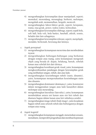 Pendidikan Jasmani



                4) mengembangkan keterampilan dasar manipulatif, seperti;
                   memukul, menendang, menangkap, berhenti, melempar,
                   mengubah arah, memantulkan, bergulir, memvoli.
                5) mengembangkan faktor-faktor gerak, seperti; ketepatan,
                   irama, rasa gerak, power, waktu reaksi, kelincahan.
                6) mengembangkan keterampilan olahraga, seperti; sepak bola,
                   soft ball, bola voli, bola basket, baseball, atletik, tennis,
                   beladiri dan lain sebagainya.
                7) mengembangkan keterampilan rekreasi, seperti, menjelajah,
                   mendaki, berkemah, berenang dan lainnya.

          c. Aspek perseptual
             1) mengembangkan kemampuan menerima dan membedakan
                isyarat.
             2) mengembangkan hubungan-hubungan yang berkaitan
                dengan tempat atau ruang, yaitu kemampuan mengenali
                objek yang berada di: depan, belakang, bawah, sebelah
                kanan atau sebelah kiri dari dirinya.
             3) mengembangkan koordinasi gerak visual, yaitu; kemampuan
                mengkoordinasikan pandangan dengan keterampilan gerak
                yang melibatkan tangan, tubuh, dan atau kaki.
             4) mengembangkan keseimbangan tubuh (statis, dinamis),
                yaitu; kemampuan mempertahankan keseimbangan statis
                dan dinamis.
             5) mengembangkan dominansi (dominancy), yaitu; konsistensi
                dalam menggunakan tangan atau kaki kanan/kiri dalam
                melempar atau menendang.
             6) mengembangkan lateralitas (laterality), yaitu; kemampuan
                membedakan antara sisi kanan atau sisi kiri tubuh dan
                diantara bagian dalam kanan atau kiri tubuhnya sendiri.
             7) mengembangkan image tubuh (body image), yaitu kesadaran
                bagian tubuh atau seluruh tubuh dan hubungannya dengan
                tempat atau ruang.

          d. Aspek kognitif
             1) mengembangkan kemampuan menggali, menemukan sesuatu,
                memahami, memperoleh pengetahuan dan membuat keputusan


8
 