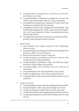 Pendahuluan



     2) meningkatkan pengetahuan peraturan permainan,
        keselamatan, dan etika.
     3) mengembangkan kemampuan penggunaan strategi dan
        teknik yang terlibat dalam aktivitas yang terorganisasi.
     4) meningkatkan pengetahuan bagaimana fungsi tubuh dan
        hubungannya dengan aktivitas jasmani.
     5) menghargai kinerja tubuh; penggunaan pertimbangan yang
        berhubungan dengan jarak, waktu, tempat, bentuk, kecepatan,
        dan arah yang digunakan dalam mengimplementasikan
        aktivitas dan dirinya.
     6) meningkatkan pemahaman tentang memecahkan problem-
        problem perkembangan melalui gerakan.

e. Aspek sosial
   1) menyesuaikan diri dengan orang lain dan lingkungan
      dimana berada.
   2) mengembangkan kemampuan membuat pertimbangan dan
      keputusan dalam situasi kelompok.
   3) belajar berkomunikasi dengan orang lain.
   4) mengembangkan kemampuan bertukar pikiran dan
      mengevaluasi ide dalam kelompok.
   5) mengembangkan kepribadian, sikap, dan nilai agar dapat
      berfungsi sebagai anggota masyarakat.
   6) mengembangkan rasa memiliki dan rasa diterima di
      masyarakat.
   7) mengembangkan sifat-sifat kepribadian yang positif.
   8) belajar menggunakan waktu luang yang konstruktif.
   9) mengembangkan sikap yang mencerminkan karakter moral
      yang baik.

f.   Aspek emosional
     1) mengembangkan respon yang sehat terhadap aktivitas jasmani.
     2) mengembangkan reaksi yang positif sebagai penonton.
     3) melepas ketegangan melalui aktivitas fisik yang tepat.
     4) memberikan saluran untuk mengekspresikan diri dan kreativitas.
     5) menghargai pengalaman estetika dari berbagai aktivitas yang
        relevan.


                                                                     9
 