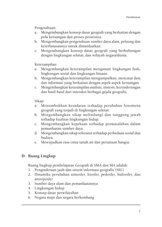 Pendahuluan



      Pengetahuan:
      a. Mengembangkan konsep dasar geografi yang berkaitan dengan
         pola keruangan dan proses-prosesnya.
      b. Mengembangkan pengetahuan sumber daya alam, peluang dan
         keterbatasannya untuk dimanfaatkan.
      c. Mengembangkan konsep dasar geografi yang berhubungan
         dengan lingkungan sekitar, dan wilayah negara/dunia.

      Keterampilan:
      a. Mengembangkan keterampilan mengamati lingkungan fisik,
          lingkungan sosial dan lingkungan binaan.
      b. Mengembangkan keterampilan mengumpulkan, mencatat data
          dan informasi yang berkaitan dengan aspek-aspek keruangan.
      c. Mengembangkan keterampilan analisis, sintesis, kecenderungan
          dan hasil-hasil dari interaksi berbagai gejala geografis.

      Sikap:
      a. Menumbuhkan kesadaran terhadap perubahan fenomena
          geografi yang terjadi di lingkungan sekitar.
      b. Mengembangkan sikap melindungi dan tanggung jawab
          terhadap kualitas lingkungan hidup.
      c. Mengembangkan kepekaan terhadap permasalahan dalam
          pemanfaatan sumber daya.
      d. Mengembangkan sikap toleransi terhadap perbedaan sosial dan
          budaya.
      e. Mewujudkan rasa cinta tanah air dan persatuan bangsa.


D. Ruang Lingkup

   Ruang lingkup pembelajaran Geografi di SMA dan MA adalah:
   1. Penginderaan jauh dan sistem informasi geografis (SIG)
   2. Dinamika perubahan atmosfer, litosfer, pedosfer, hidrosfer, dan
      antroposfer
   3. Sumber daya alam dan pemanfaatannya
   4. Lingkungan hidup
   5. Konsep dasar perwilayahan
   6. Negara maju dan negara berkembang


                                                                     7
 