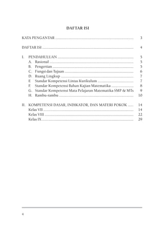 DAFTAR ISI

KATA PENGANTAR ...................................................................................                   3

DAFTAR ISI .................................................................................................         4

I.    PENDAHULUAN .................................................................................                   5
      A. Rasional .........................................................................................           5
      B. Pengertian ..........................................................................................        5
      C. Fungsi dan Tujuan .............................................................................              6
      D. Ruang Lingkup .............................................................................                  7
      E Standar Kompetensi Lintas Kurikulum ......................................                                    7
      F Standar Kompetensi Bahan Kajian Matematika .....................
       .                                                                                                              8
      G. Standar Kompetensi Mata Pelajaran Matematika SMP & MTs                                                       9
      H. Rambu-rambu ...............................................................................                 10

II. KOMPETENSI DASAR, INDIKATOR, DAN MATERI POKOK ......                                                             14
    Kelas VII ...................................................................................................    14
    Kelas VIII ..................................................................................................    22
    Kelas IX .....................................................................................................   29




4
 