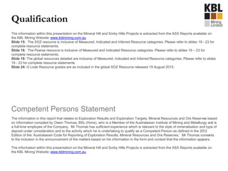 Qualification
The information within this presentation on the Mineral Hill and Sorby Hills Projects is extracted from the ASX Reports available on
the KBL Mining Website: www.kblmining.com.au
Slide 15: The SOZ resource is inclusive of Measured, Indicated and Inferred Resource categories. Please refer to slides 19 - 23 for
complete resource statements.
Slide 16: The Pearse resource is inclusive of Measured and Indicated Resource categories. Please refer to slides 19 – 23 for
complete resource statements.
Slide 18: The global resources detailed are inclusive of Measured, Indicated and Inferred Resource categories. Please refer to slides
19 - 23 for complete resource statements
Slide 24: G Lode Resource grades are as included in the global SOZ Resource released 19 August 2015.
The information in this report that relates to Exploration Results and Exploration Targets, Mineral Resources and Ore Reserves based
on information compiled by Owen Thomas, BSc (Hons), who is a Member of the Australasian Institute of Mining and Metallurgy and is
a full-time employee of the Company. Mr Thomas has sufficient experience which is relevant to the style of mineralisation and type of
deposit under consideration and to the activity which he is undertaking to qualify as a Competent Person as defined in the 2012
Edition of the ‘Australasian Code for Reporting of Exploration Results, Mineral Resources and Ore Reserves.’ Mr Thomas consents
to the inclusion in the announcement of the matters based on his information in the form and context that the information appears.
The information within this presentation on the Mineral Hill and Sorby Hills Projects is extracted from the ASX Reports available on
the KBL Mining Website: www.kblmining.com.au
Competent Persons Statement
 