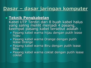 Dasar – dasar jaringan komputer


Teknik Pengkabelan
Kabel UTP Terdiri dari 8 buah kabel halus
yang saling melilit menjadi 4 pasang,
keempat pasang kabel tersebut adalah :
Pasang kabel
hijau
 Pasang kabel
lease Orange
 Pasang kabel
Biru
 Pasang kabel
coklat


warna hijau dengan putih lease
warna Orange dengan putih
warna Biru dengan putih lease

warna coklat dengan putih lease

 