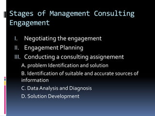 Stages of Management Consulting
Engagement
I. Negotiating the engagement
II. Engagement Planning
III. Conducting a consulting assignement
A. problem Identification and solution
B. Identification of suitable and accurate sources of
information
C. Data Analysis and Diagnosis
D. Solution Development
 