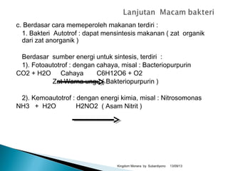 c. Berdasar cara memeperoleh makanan terdiri :
1. Bakteri Autotrof : dapat mensintesis makanan ( zat organik
dari zat anorganik )
Berdasar sumber energi untuk sintesis, terdiri :
1). Fotoautotrof : dengan cahaya, misal : Bacteriopurpurin
CO2 + H2O Cahaya C6H12O6 + O2
Zat Warna ungu ( Bakteriopurpurin )
2). Kemoautotrof : dengan energi kimia, misal : Nitrosomonas
NH3 + H2O H2NO2 ( Asam Nitrit )
13/09/13Kingdom Monera by Subardiyono
 