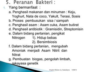 1. Yang bermanfaat :
a. Penghasil makanan dan minuman : Keju,
Yoghurt, Nata de coco, Yakult, Terasi, Sosis
b. Proses pembusukan sisa / sampah
c. Penghasil asam : Asam cuka, Asam butirat
d. Penghasil antibiotik : Gramisidin, Streptomisin
e. Dalam bidang pertanian, pengikat
Nitrogen 1). Hidup bebas
2). Bersimbiosis
f. Dalam bidang pertanian, mengubah
Amoniak menjadi Asam Nitrit dan
Nitrat
g. Pembuatan biogas, pengolah limbah,
rekayasa genetik
13/09/13Kingdom Monera by Subardiyono
 