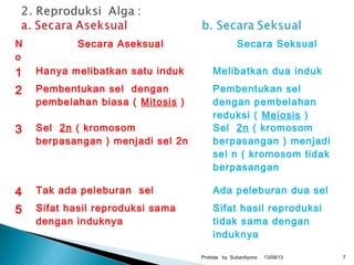 N
o
Secara Aseksual Secara Seksual
1 Hanya melibatkan satu induk Melibatkan dua induk
2 Pembentukan sel dengan
pembelahan biasa ( Mitosis )
Pembentukan sel
dengan pembelahan
reduksi ( Meiosis )
3 Sel 2n ( kromosom
berpasangan ) menjadi sel 2n
Sel 2n ( kromosom
berpasangan ) menjadi
sel n ( kromosom tidak
berpasangan
4 Tak ada peleburan sel Ada peleburan dua sel
5 Sifat hasil reproduksi sama
dengan induknya
Sifat hasil reproduksi
tidak sama dengan
induknya
13/09/13Protista by Subardiyono 7
 