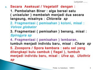 a. Secara Aseksual / Vegetatif dengan :
1. Pembelahan Biner : alga bersel satu
( uniseluler ) membelah menjadi dua secara
langsung, misalnya : Chlorella sp
2. Fragmentasi ( pemisahan ) koloni, misal :
Volvox globator
3. Fragmentasi ( pemisahan ) benang, misal :
Spirogyra sp
4. Fragmentasi ( pemisahan ) lembaran,
tumbuh menjadi individu baru, misal : Chara sp
5. Zoospora / Spora kembara : satu sel yang
dilengkapi bulu cambuk ( flagel ), tumbuh
menjadi individu baru, misal : Ulva sp, Ulothrix
sp
13/09/13Protista by Subardiyono 8
 