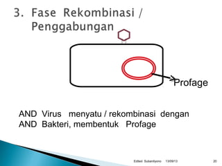 Profage
13/09/13Edited Subardiyono
AND Virus menyatu / rekombinasi dengan
AND Bakteri, membentuk Profage
20
 